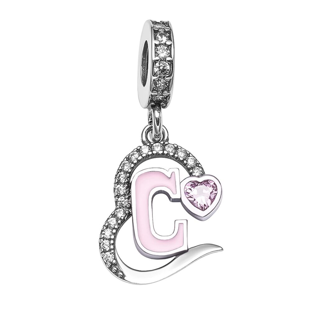 4949 initial A-Z alphabet charm pink heart cubic zirconia stone enamel ABC
